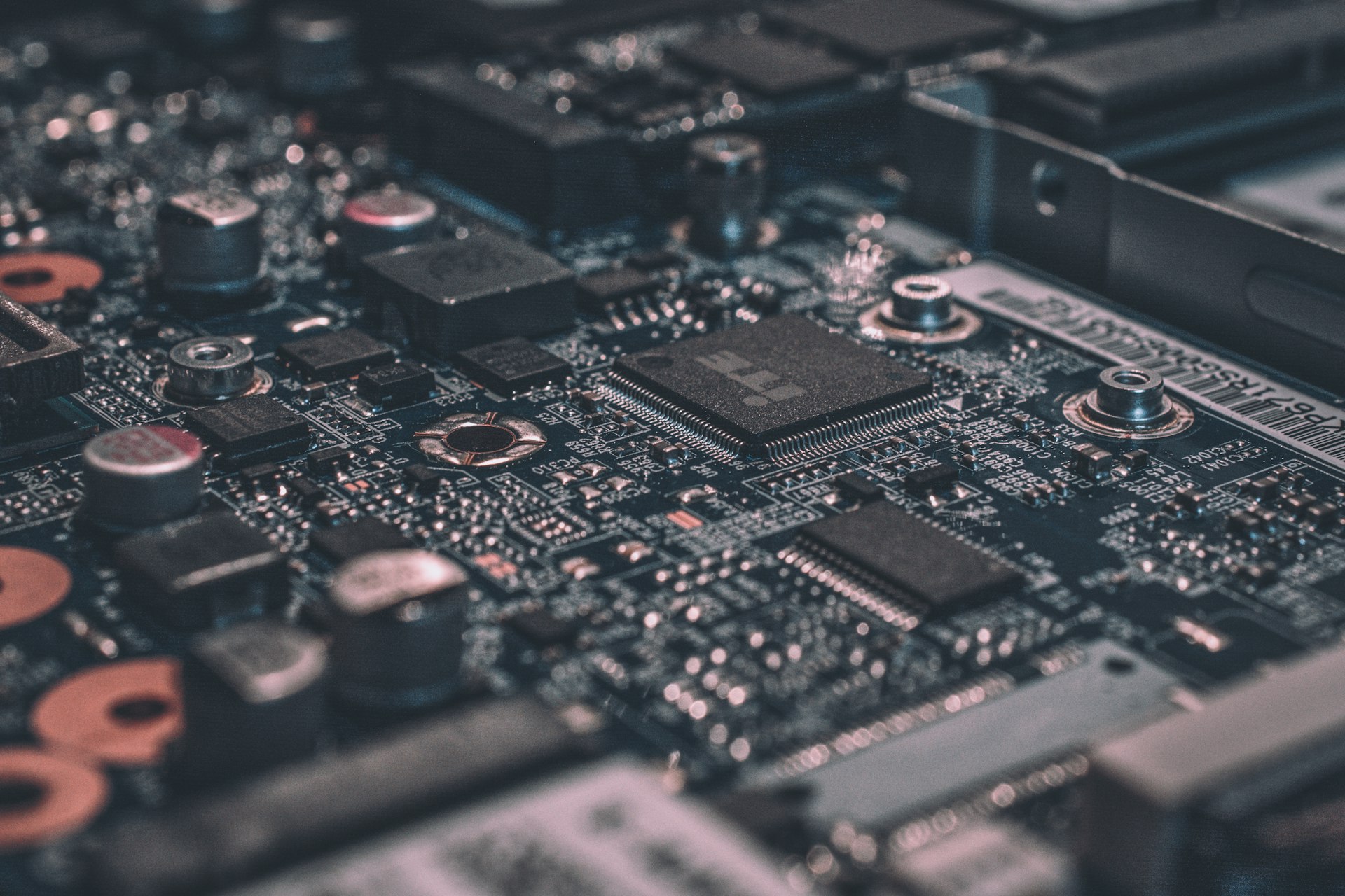 Circuit board close-up with blue lighting