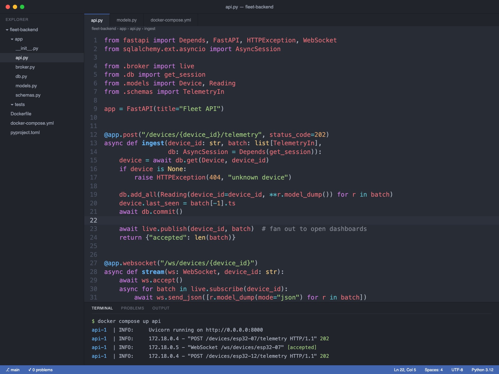 FastAPI fleet backend with a telemetry endpoint and WebSocket stream, running in Docker